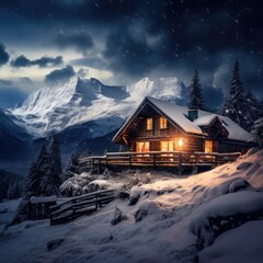 Cozy cabin in wild nature. Landscape covered with snow. Generative AI.