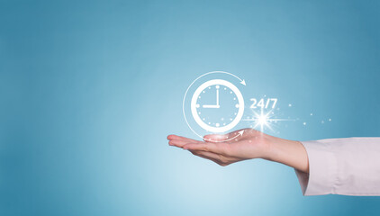 Female doctor holding 24/7 service icon for assistance patient when accident or emergency. 24 hours...