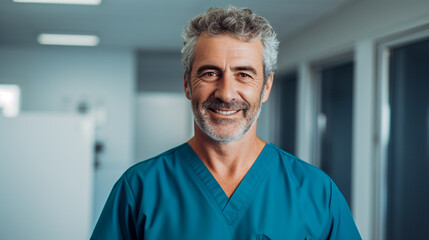 Portrait of senior male doctor smiling at camera while standing in a hospital corridor.