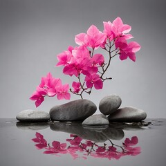 A Reflection of Nature: A Bougainvillea Flower and Its Mirror Image on a Stone Surface
