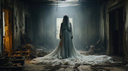 Horror Scene of a Scary Woman's Ghost - obrazy, fototapety, plakaty