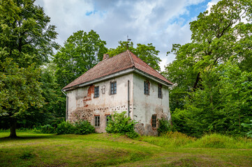 View of the hunting castle. Oldest buildings at the Pope Estate is the old hunting castle that was built in 1653. Latvia, Baltic.