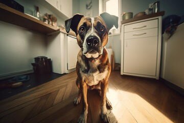 Dog sitting at kitchen floor indoor. Human side care puppy. Generate Ai - obrazy, fototapety, plakaty