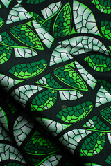 Overhead view of white and green ankara fabric, flatlay of green and white ankara material on a...