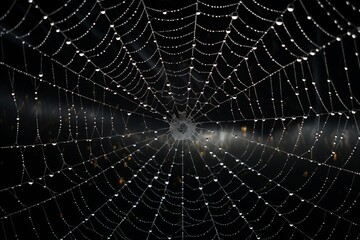 Close-up of a detailed  spider web with drops, copy space for text, web network  internet data concept
