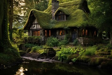 Fototapeta na wymiar A hidden, moss-covered cottage in the heart of the woods, where a kindly witch brews magical potions and spells.