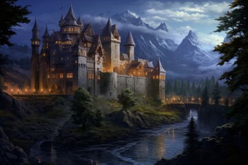 A medieval castle in a land of perpetual twilight, where brave knights and noble elves gather to protect their realm.