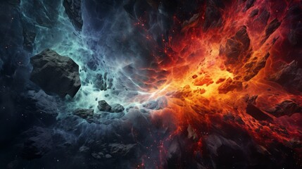 A surreal scene of fiery flames and icy shards colliding in a cosmic collision, creating a mesmerizing display of colors and textures.