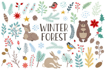 Winter forest floral and animals design elements - obrazy, fototapety, plakaty