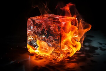 A dramatic image of a blazing fire encased in a translucent ice cube, illustrating the concept of fire's contained energy.