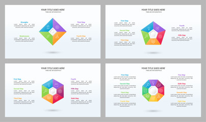Editable Polygonal Infographic with 4, 5, 6, and 8 Steps with a 16:9 Layout for Business Presentations, Planning, Management, and Evaluation.