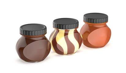 Three glass jars with different hazelnut cocoa spreads on white background