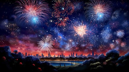 A patriotic fireworks display against a starry night sky, commemorating Independence Day in the United States.