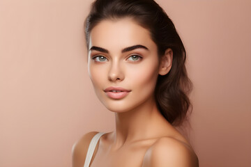 Fototapeta premium Portrait beautiful young woman with clean fresh skin. Model with healthy skin, close up portrait. Cosmetology, beauty and spa , solid beige background