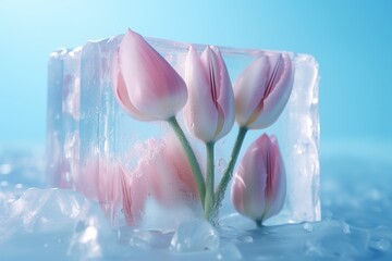 Frozen pink tulips, pink tulips in ice cubes, creative tulips