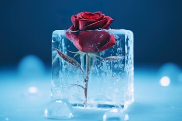 Frozen red roses, roses in ice cubes, creative roses