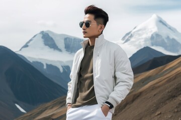 Stylish guy posing in white raglan sleeve jacket in mountains. Mountain male photo wearing modern casual clothing. Generate ai