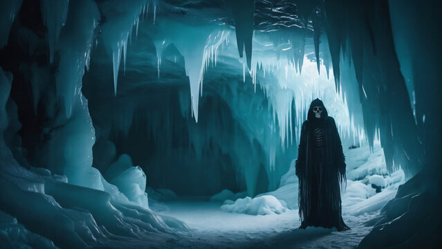 skull creature in a ice cave , horror theme