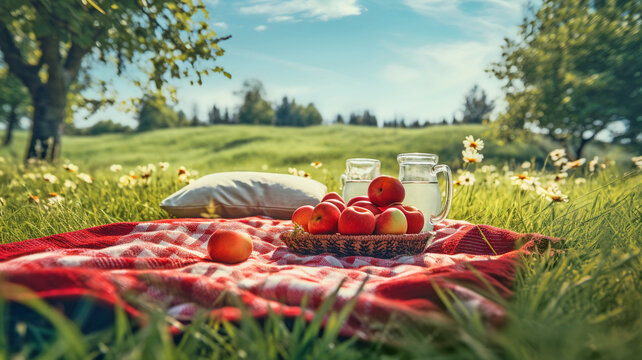 Picnic Outdoor In Nature With Basket And Blanket In Summer Flower Meadow