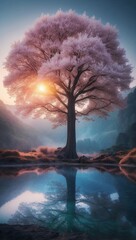 pink tree on the water, so wow