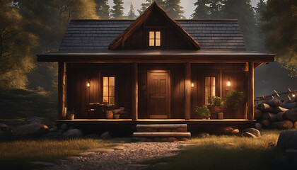 The home is small and cozy, with a single story and a gabled roof. The logs are brown and have a natural, rustic look