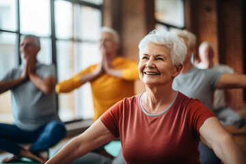 elderly participants engaged in synchronized yoga movements indoors