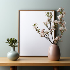 Ai generated modern ceramic pastel product. simple color. mock up for product. black wood frame. wall white background.
