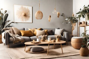 The stylish boho compostion at living room interior with design gray sofa, wooden coffee table, commode and elegant personal accessories. Honey yellow pillow and plaid. Cozy apartment. Home decor 3D