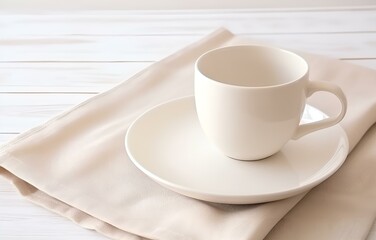 cup with plate on napkin pastel color on wooden white table soft light serving concept