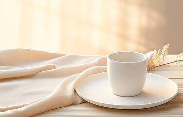 Fototapeta na wymiar cup with plate on napkin pastel color on wooden white table soft light serving concept