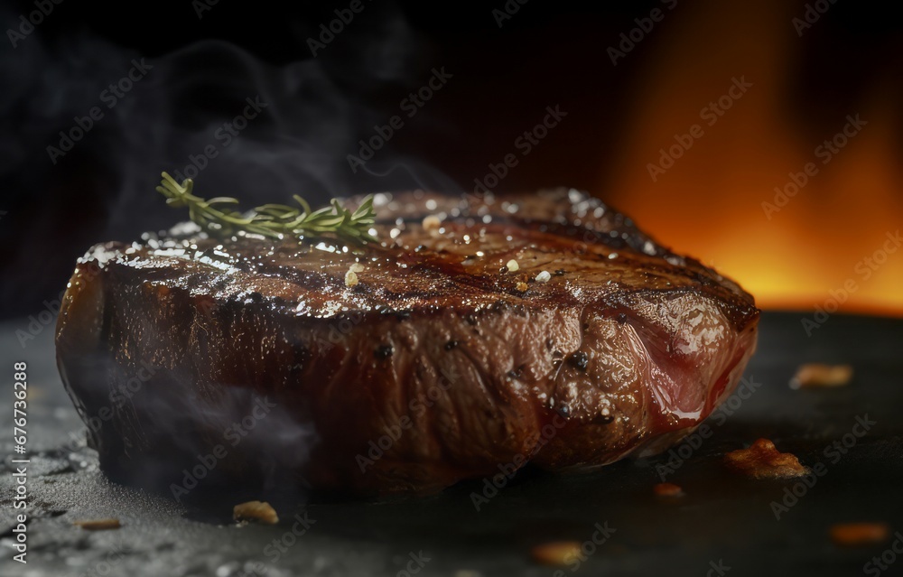 Wall mural hot grilled steak with rosemary. roasted succulent beef slice on grill. generate ai