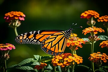 A captivating image in nature unveils the beauty of a monarch butterfly gracefully perched on a...