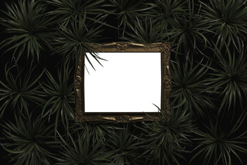 3D rendering of an isolated golden vintage photo frame covered by spider plants from the top view
