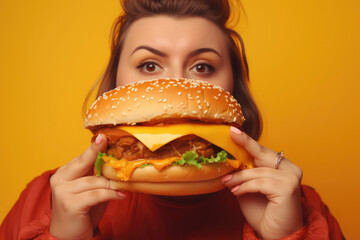Hungry overweight woman holding a hamburger on a yellow background, she is very happy and loves to eat fast food. Concept of binge eating disorder (BED). Generative AI - obrazy, fototapety, plakaty