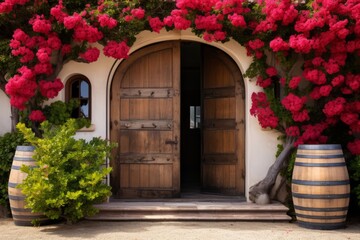 Fototapeta na wymiar Flower arch in front of a rustic wooden door of a wine cellar with a wine barrel Generative Ai