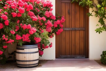 Flower arch in front of a rustic wooden door of a wine cellar with a wine barrel Generative Ai