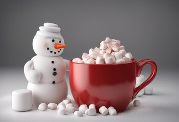 Red mug with hot chocolate with melted marshmallow snowman