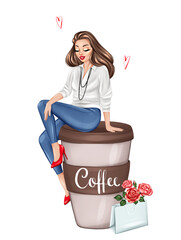 Brunette girl and a giant cup of coffee. Hand drawn fashion illustration