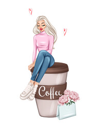 Blonde girl and a giant cup of coffee. Hand drawn fashion illustration