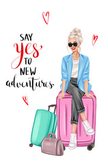 Blonde girl sitting on the baggage. Say yes to new adventures fashion illustration