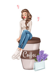 Stylish girl and a giant cup of coffee. Hand drawn fashion illustration