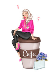 Stylish girl and a giant cup of coffee. Hand drawn fashion illustration