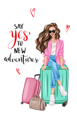 Brunette girl sitting on the baggage. Say yes to new adventures fashion illustration