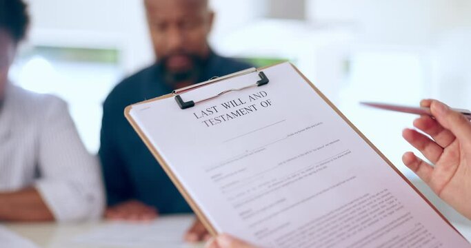 Lawyer, hands or reading to couple, will and testament by document with consulting by desk. People, legal help and inheritance with contract for explain, discuss and process for conclusion of estate
