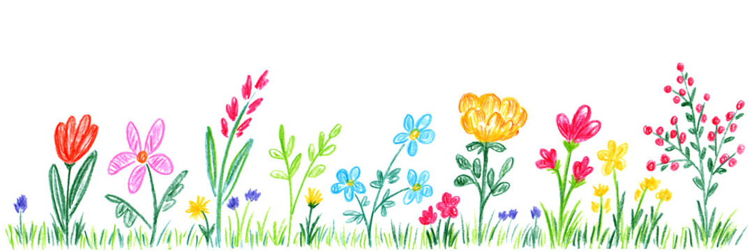 Set Child hand drawn drawing. Field, meadow, garden, different colorful flowers, grass. Drawing in a childish doodle style