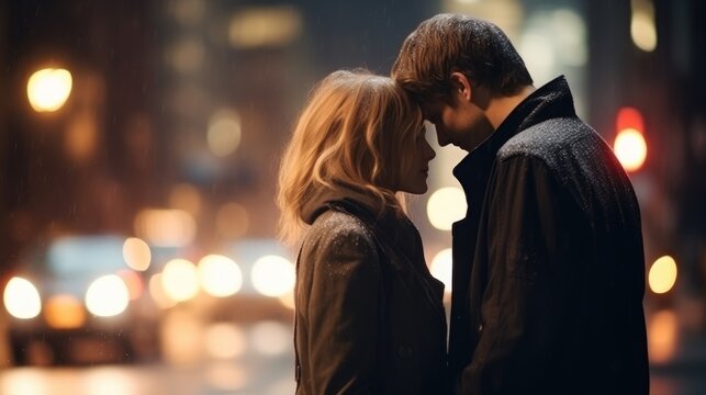 couple kissing on the street at night with bokeh lights. Concept National Hugging Day