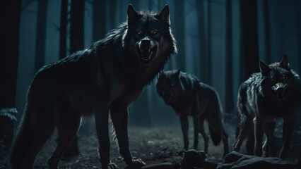 Wolfs in the dark forest , night and scary photography , horror theme