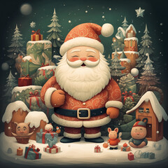 Adorable illustrations of Santa Claus, reindeer, snowmen, elves, and other festive characters.