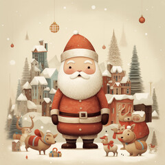 Adorable illustrations of Santa Claus, reindeer, snowmen, elves, and other festive characters.