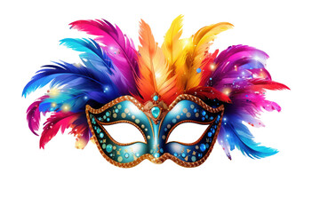 Masquerade mask with colors feathers on transparent background - obrazy, fototapety, plakaty
